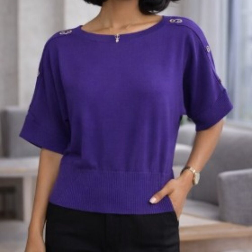 Cable & Gauge Shirt Purple Blouse Short Short Sleeve Work Office Knit Top